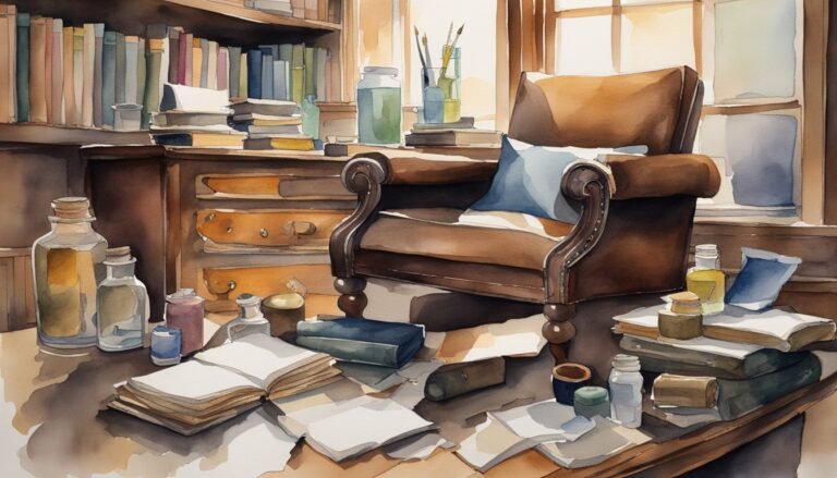 Cozy vintage study with books, inks, and wooden furniture.