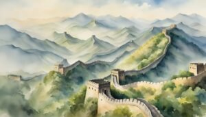 Watercolor painting of the Great Wall of China through mountains.