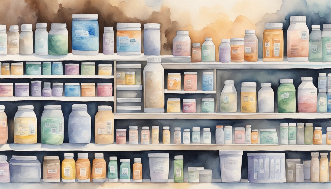 Colorful watercolor painting of assorted supplement bottles on shelves.