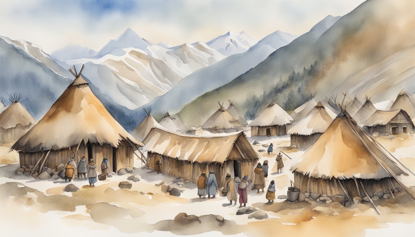 Watercolor painting of a traditional mountain village in winter.