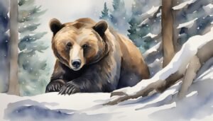 Bear in snowy forest, watercolor art.