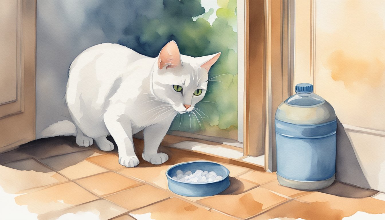 White cat near food bowl and blue water jug.