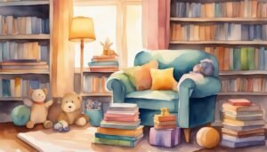 Cozy reading nook with books, plush toys, and armchair.