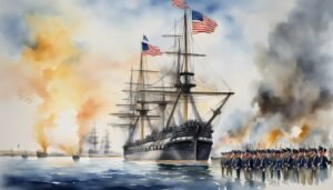 Historical naval battle scene with American flags and soldiers.