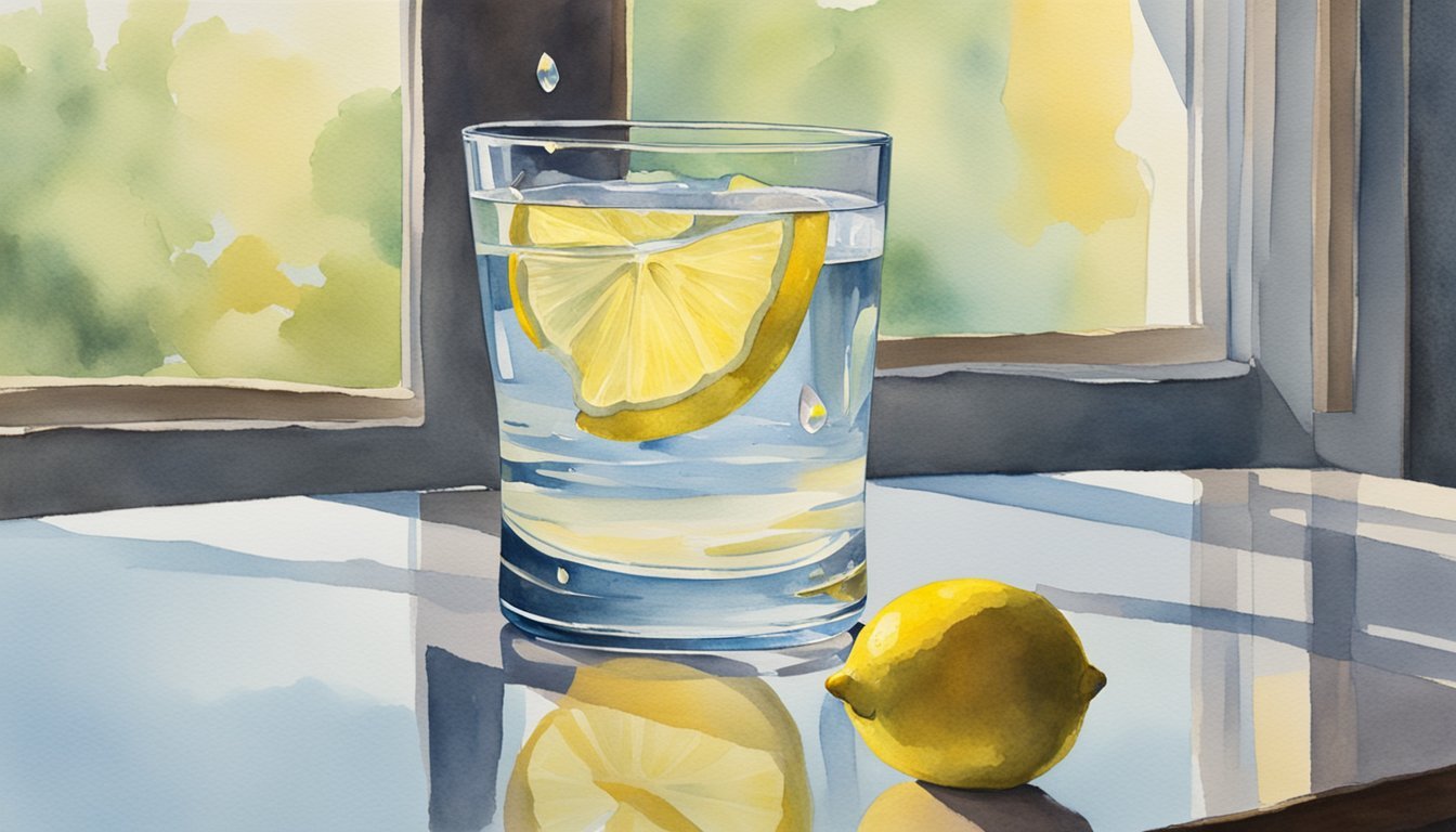 Watercolor painting of lemon water glass by window.