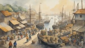 Historic waterfront market scene with boats and bustling crowds.