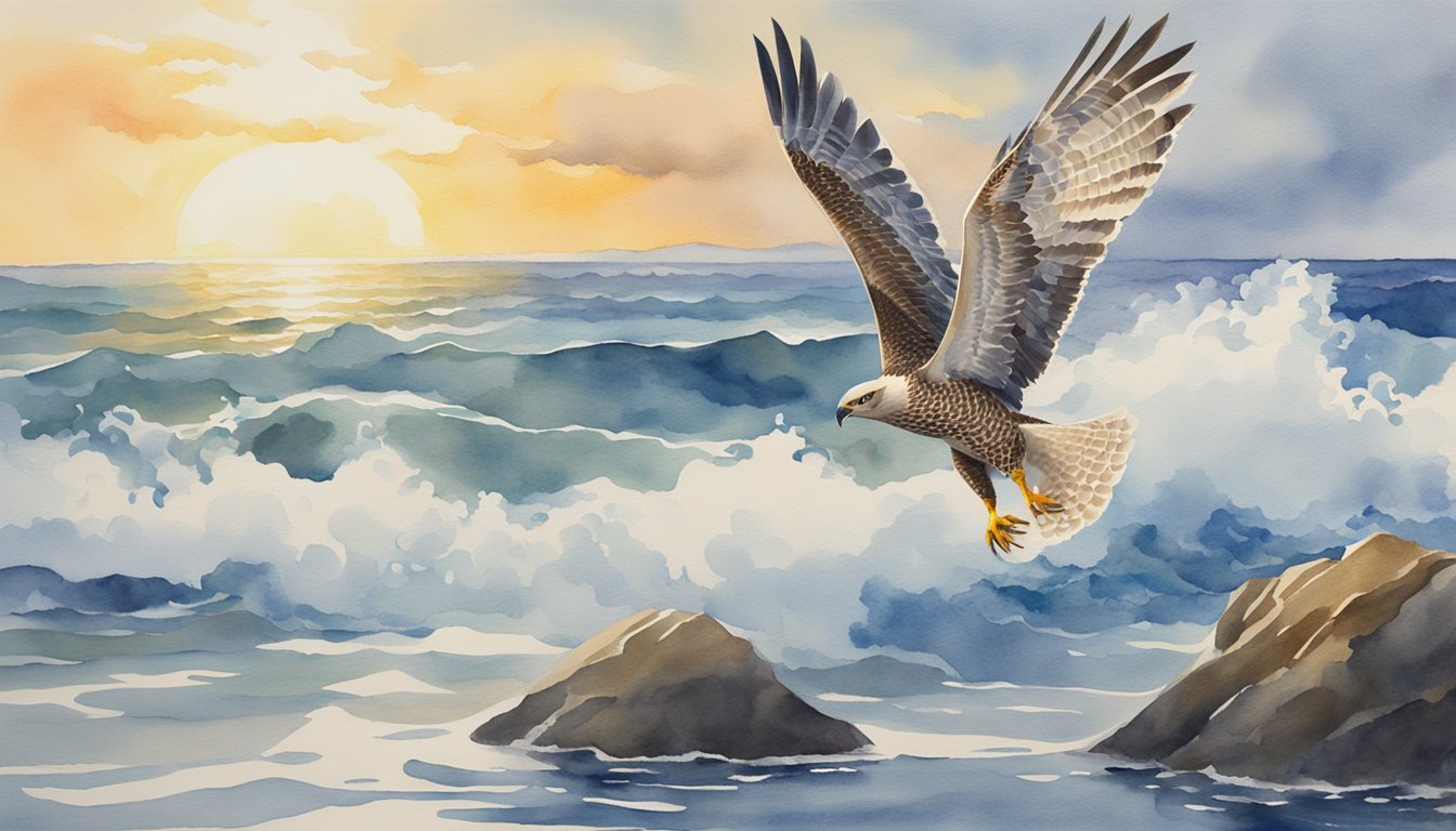 Eagle soaring over ocean waves at sunset.