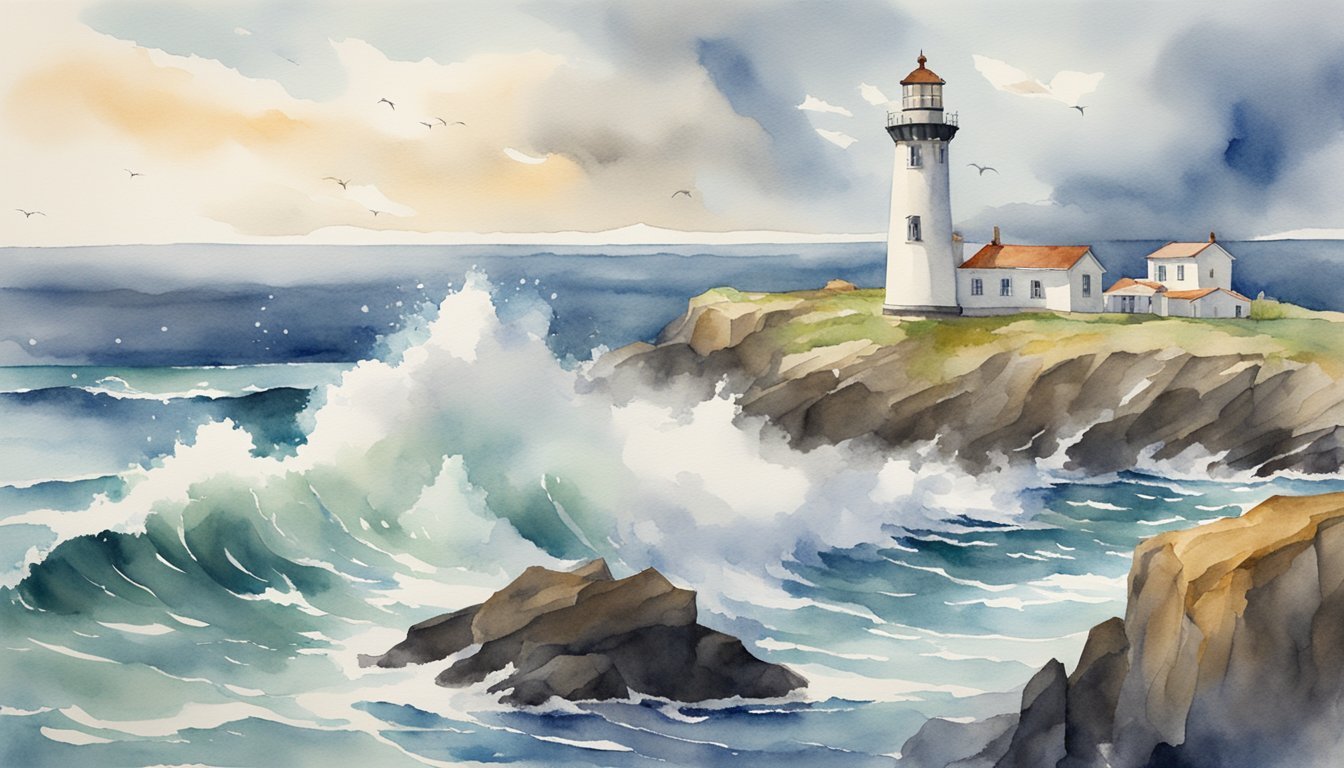 Watercolor painting of lighthouse on rocky coastline.