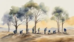 Watercolor painting of workers planting trees in countryside.