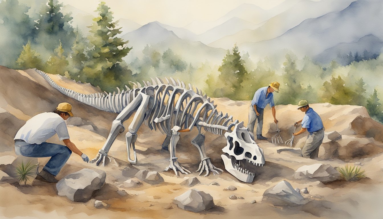 Paleontologists excavating dinosaur skeleton in mountainous terrain.