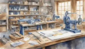 Watercolor illustration of a detailed, organized woodworking workshop.