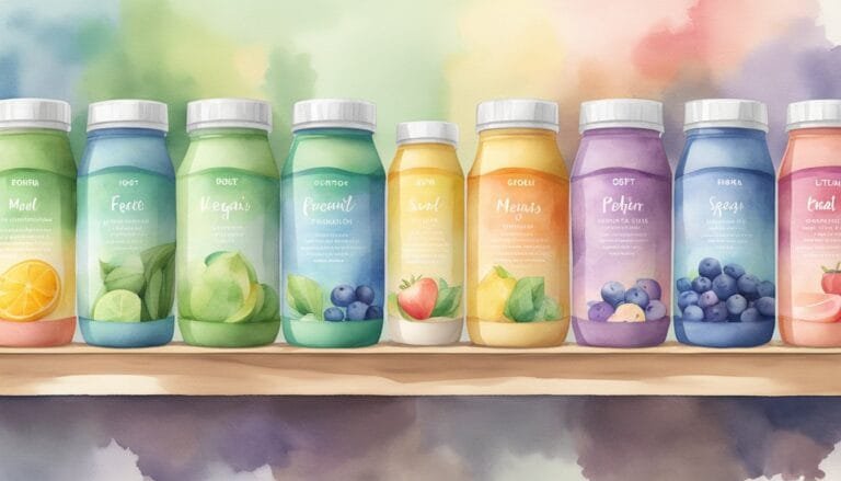 Colorful watercolor illustration of assorted beverage bottles.