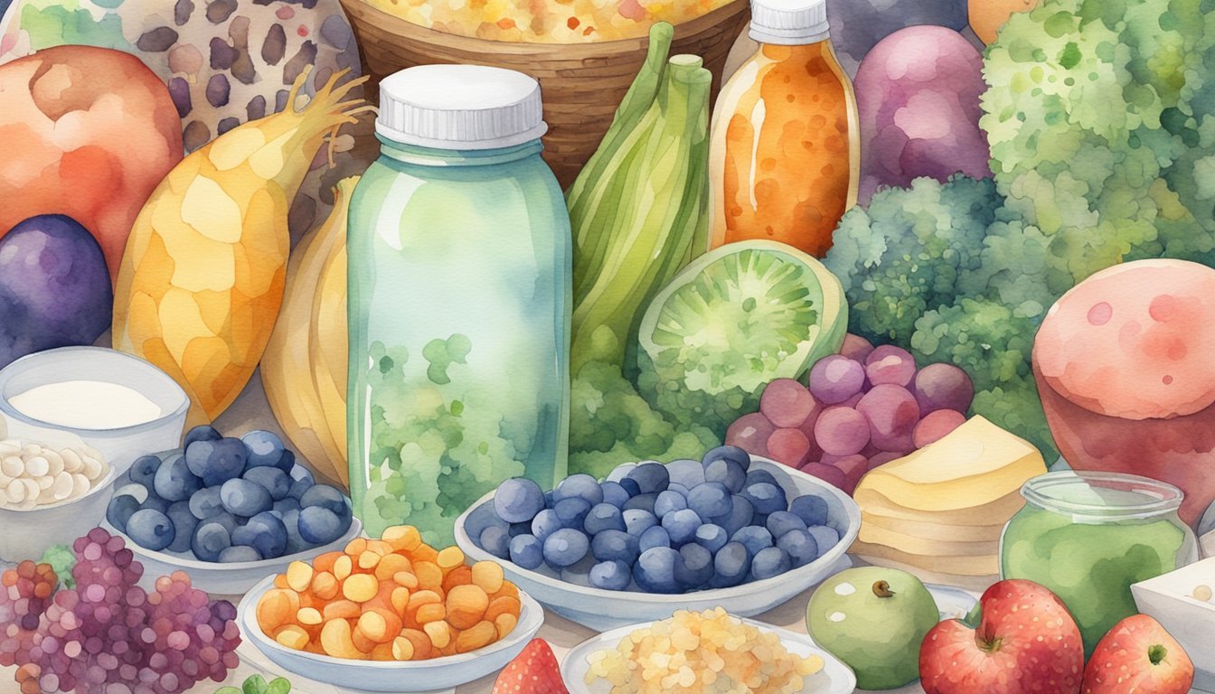 Watercolor illustration of assorted fruits and healthy foods.