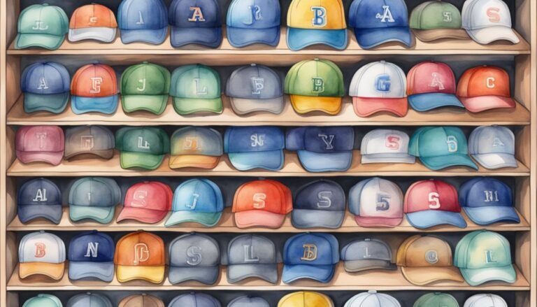 Colorful collection of baseball caps on shelves.