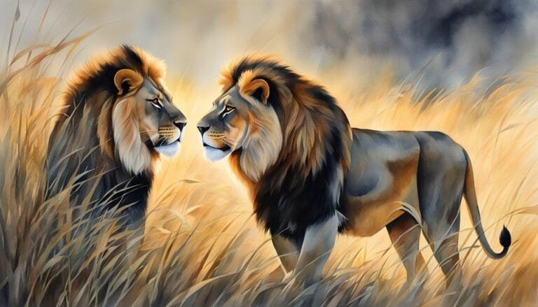 Two lions facing each other in tall savannah grass.