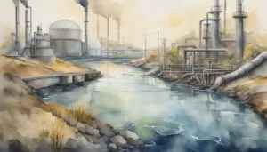 Watercolor painting of industrial landscape with factories and water.