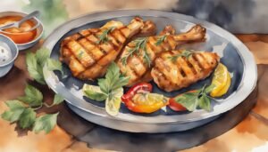 Grilled chicken, herbs, and lemon on plate, watercolor illustration.