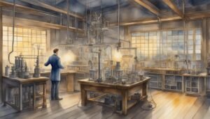 Scientist working in sunlit, vintage chemistry laboratory.