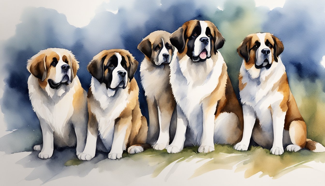 Watercolor painting of five Saint Bernard dogs.