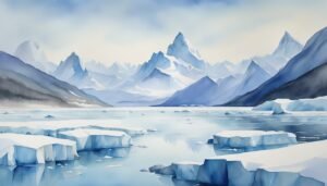 Watercolor painting of serene mountain landscape with icebergs.