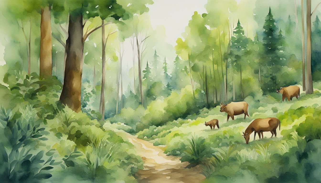 Watercolor forest landscape with pathway and grazing deer.