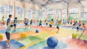 Kids playing dodgeball in colorful gymnasium.