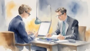 Two businessmen discussing papers at desk in watercolor style.