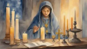 Woman in blue cloak lighting candles at religious altar.