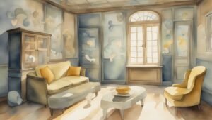 Watercolor illustration of cozy, sunlight-filled living room.