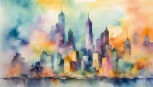 Colorful watercolor painting of city skyline at sunset.
