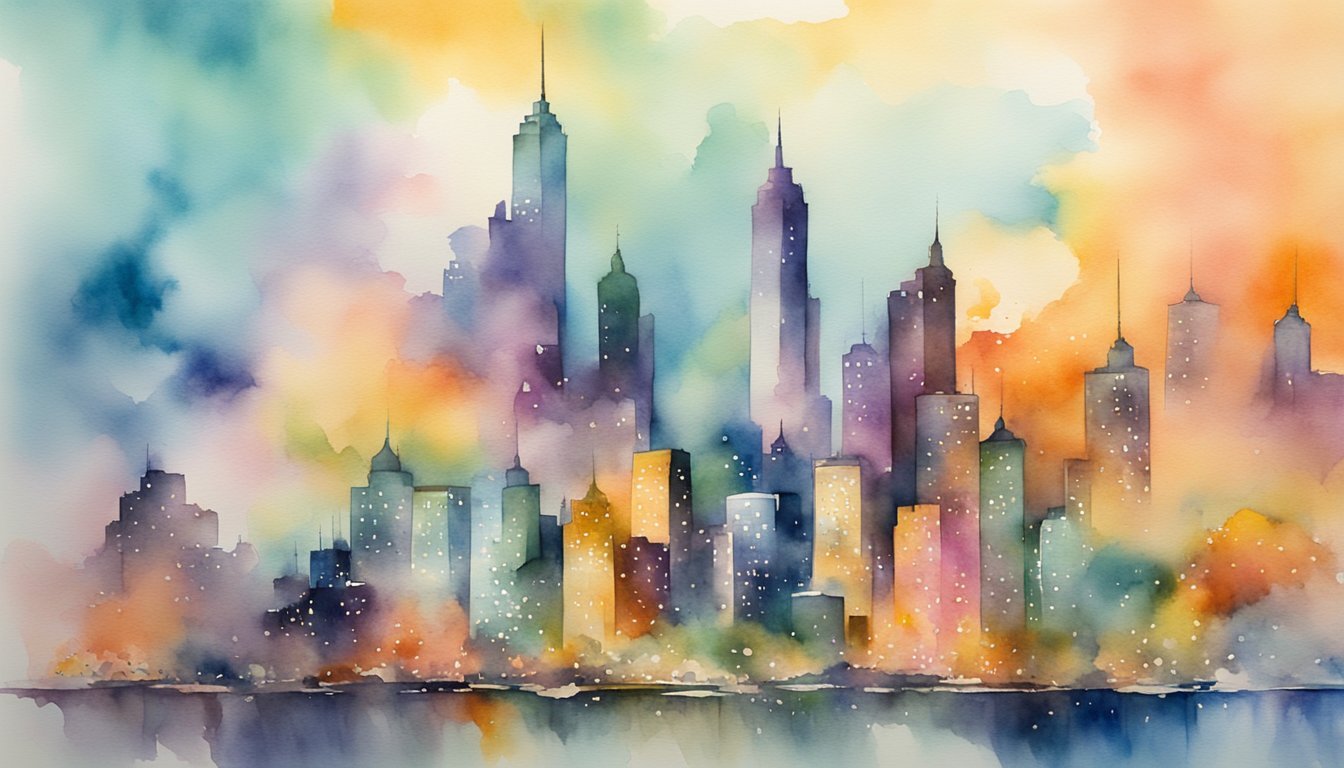 Colorful watercolor painting of city skyline at sunset.