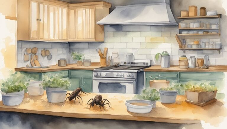 Watercolor kitchen scene with oversized insects and potted herbs.