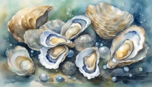 Watercolor painting of open oysters with pearls.