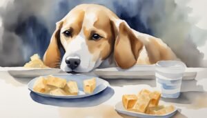 Beagle eyeing cheese on plates with watercolor background.