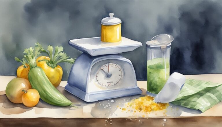 Watercolor painting of kitchen scale with fresh vegetables.