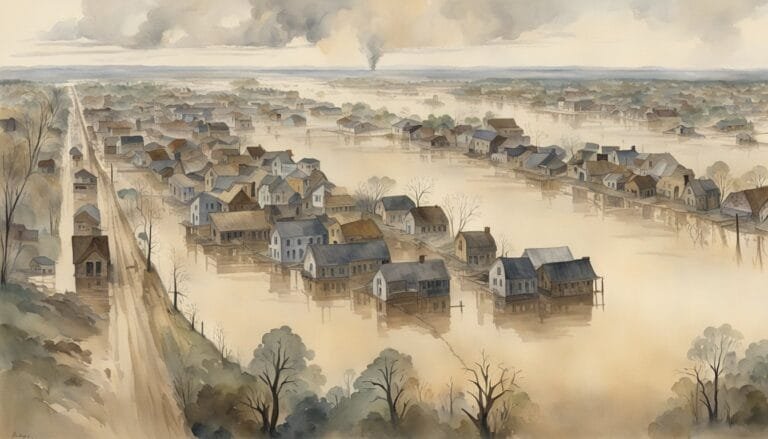 Watercolor painting of flooded town and distant smoke.