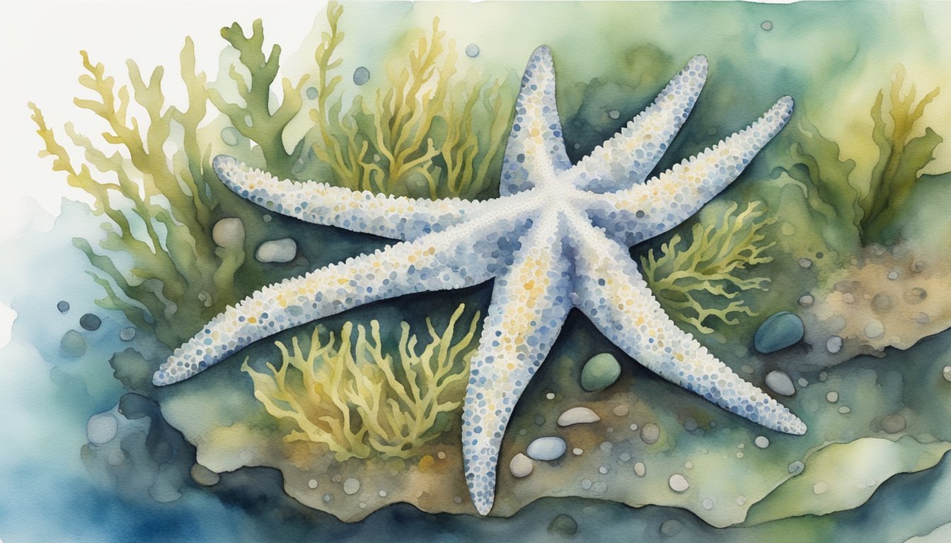 Watercolor painting of a starfish among underwater plants.