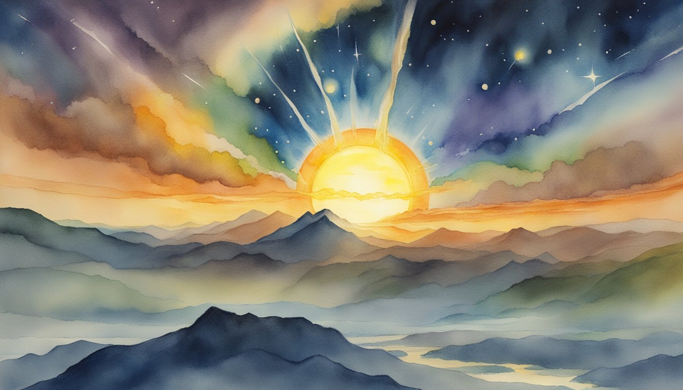 Colorful watercolor landscape with sunrise over mountains.