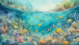 Vibrant underwater coral reef with tropical fish painting.