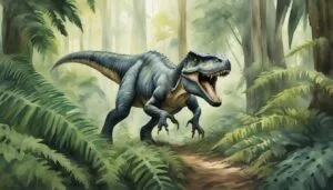 Fierce dinosaur roaring in misty prehistoric forest.