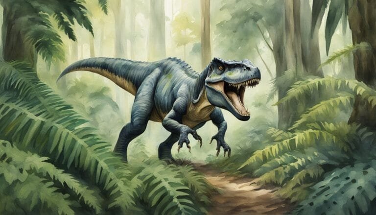 Fierce dinosaur roaring in misty prehistoric forest.