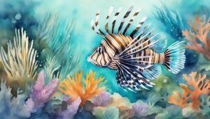 Colorful lionfish swimming in vibrant coral reef waters.