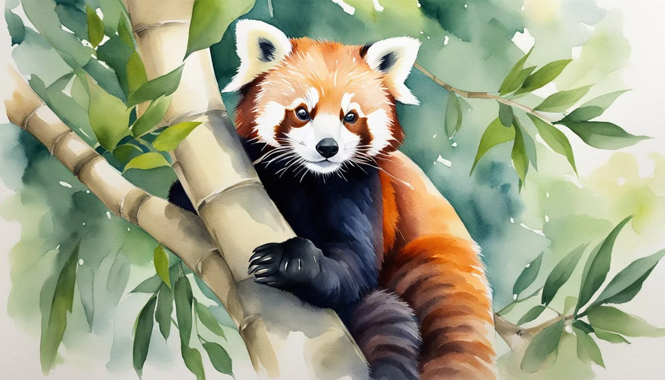 Watercolor painting of red panda on bamboo.