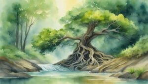 Watercolor painting of a twisted tree by river.