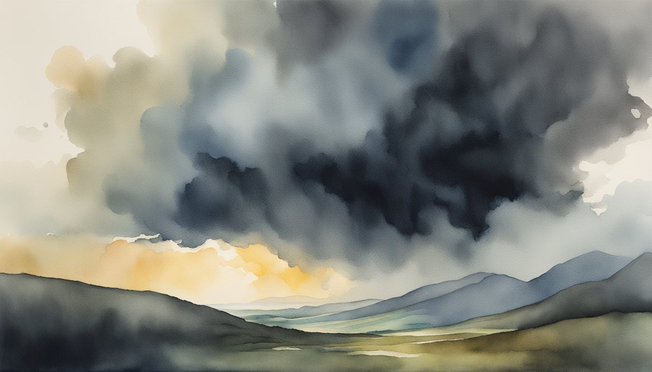 Watercolor painting of storm clouds over mountains.