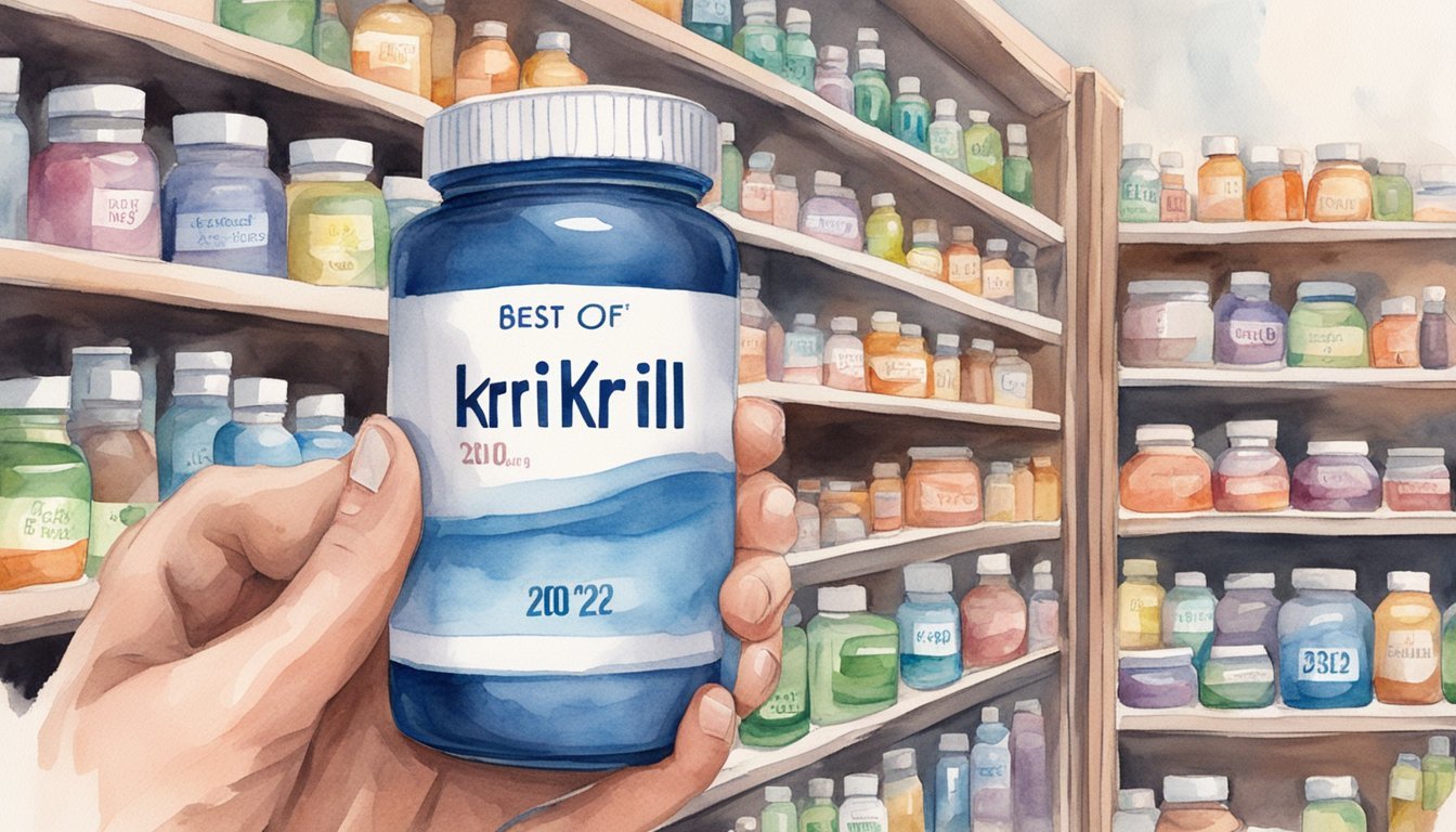 Hand holding krill oil bottle in supplement store.