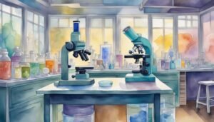 Colorful watercolor illustration of a vibrant laboratory interior.