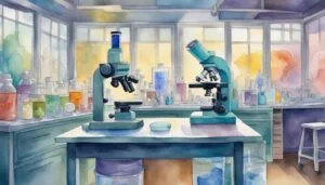 Colorful watercolor illustration of a vibrant laboratory interior.