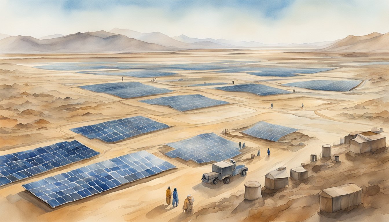 Desert solar farm with mountains in background, watercolor.