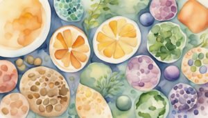 Colorful watercolor illustration of various citrus and vegetables slices.